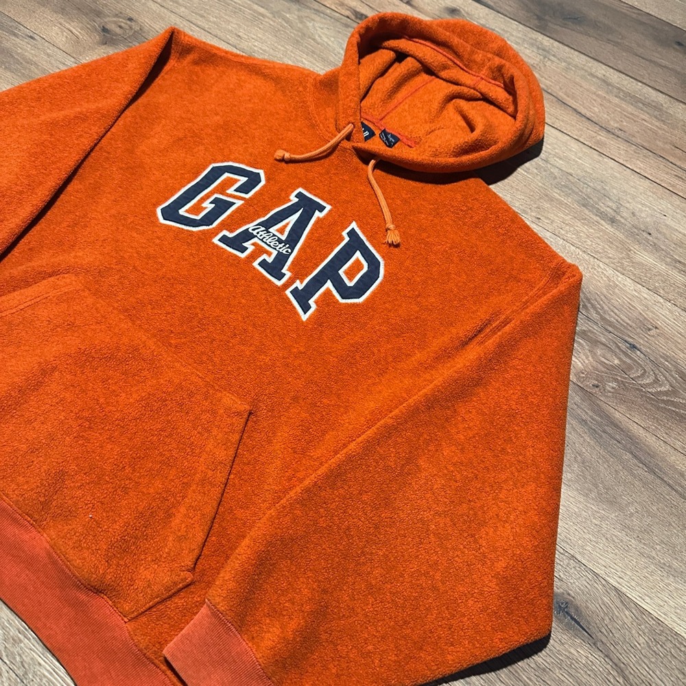 Vintage GAP Orange Fleece Hoodie Mens Large Athletic Logo Pullover Sweatshirt